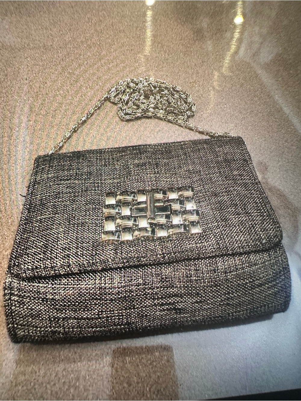 RSVP Metallic Silver Woven Accent Chain Clutch
